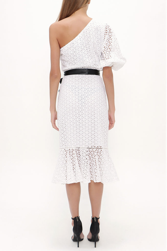 White One shoulder balloon sleeve midi dress 93073