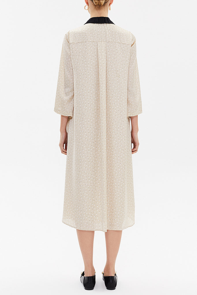 Beige Button ruffle ribbon wide cut midi dress 92806