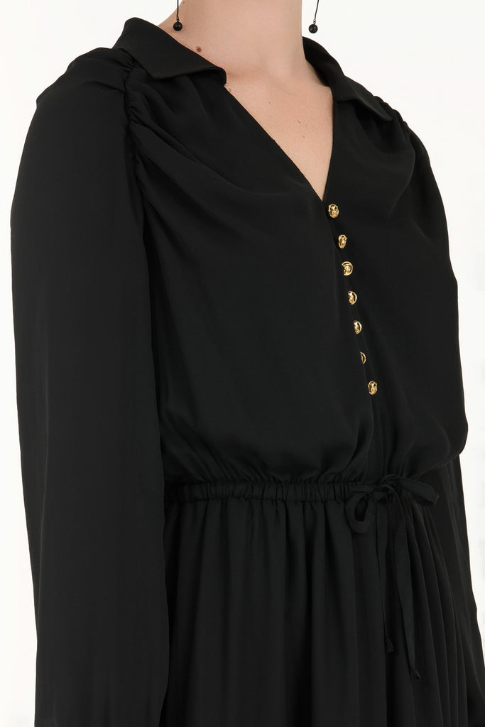 Omuzları Büzgülü Düğmeli Uzun Elbise Siyah 92251