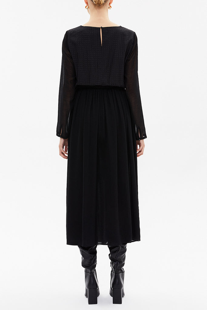 Black Elastic waist wide cut midi dress 92202