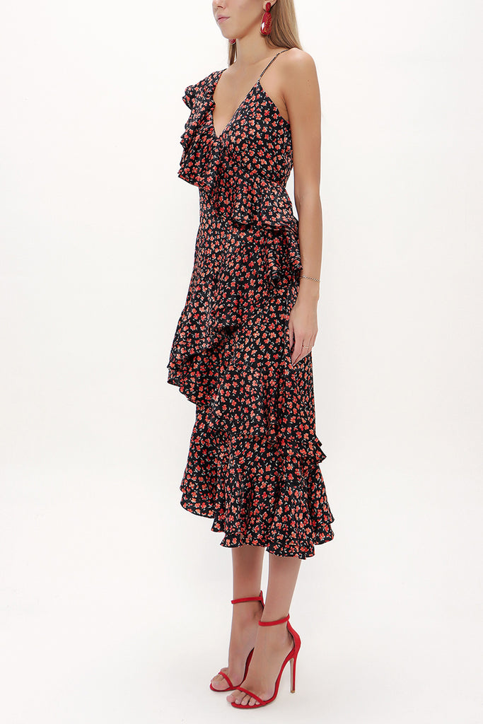 Black Ruffle detail Printed midi dress 92774