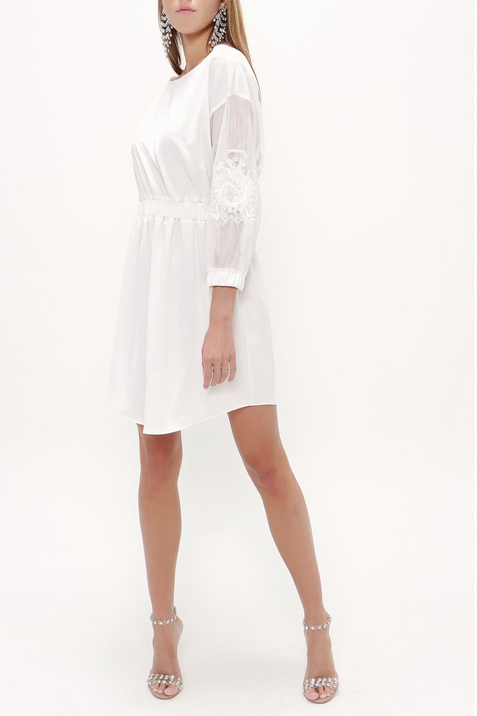 White Embroidered elastic  waist viscose mini  dress  92096