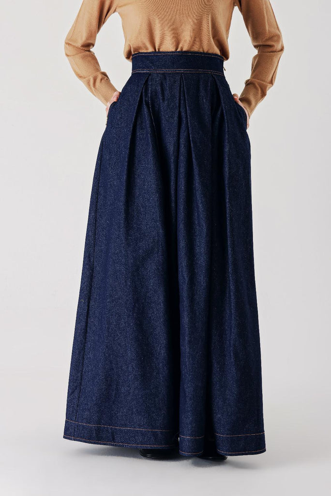 Navy Blue Long ruffled denim skirt 81288