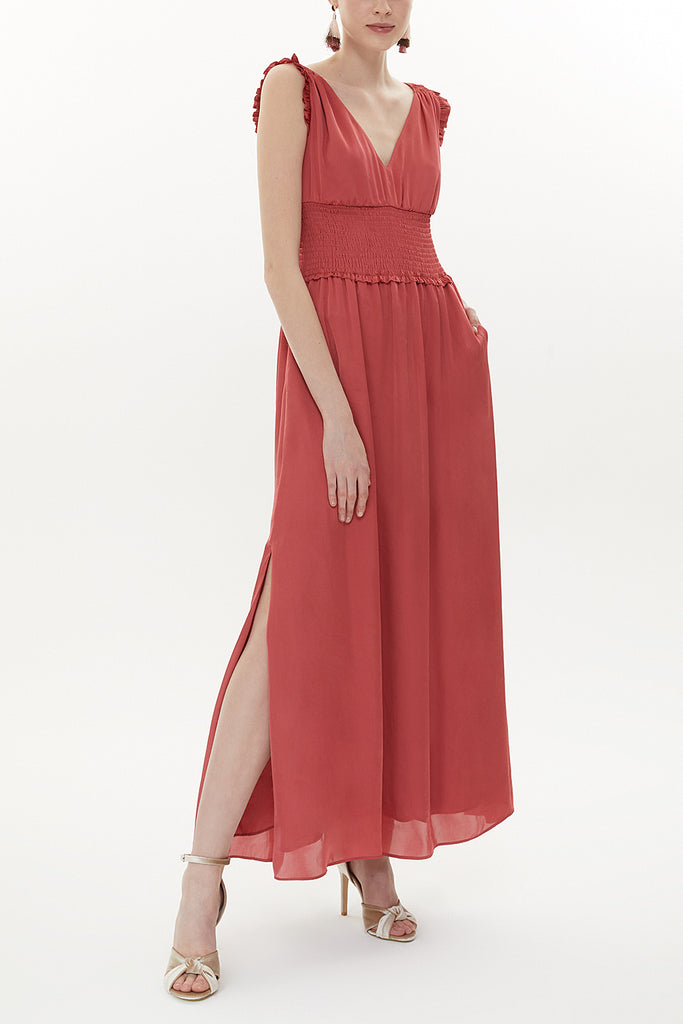 Red Elastic waist V neck sleeveless maxi dress 93348