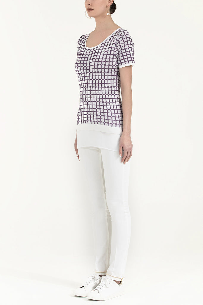 Ecru Wide collar  short sleeved tricot  blouse 28660