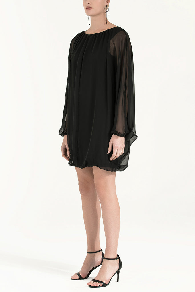 Lastikli Bol Kesim Şifon Elbise Siyah