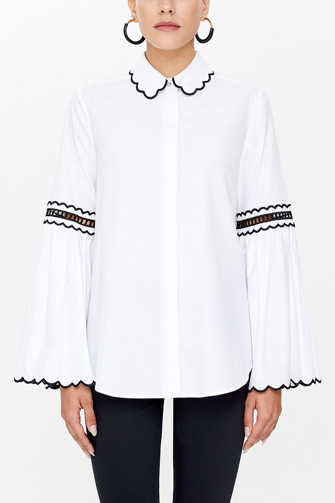 White-Black Embroidery detail  poplın shirt  10692