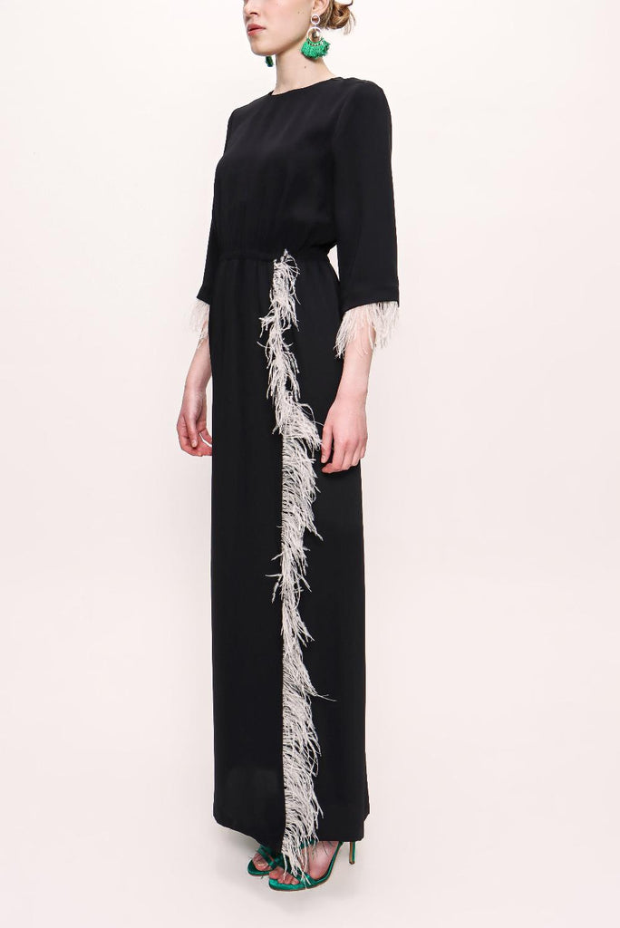 Black Slit and feather detailed long dress 92575