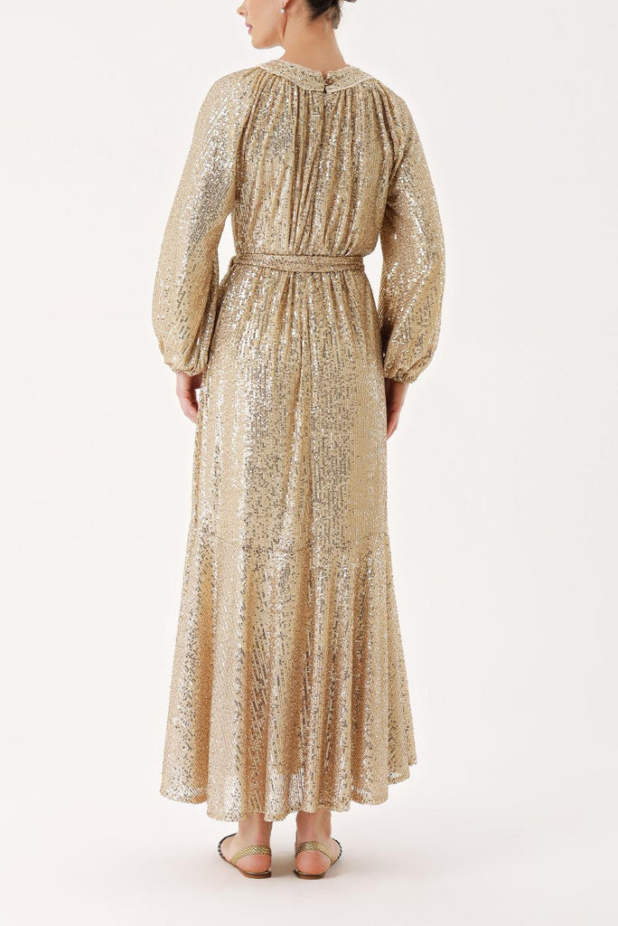 Bej Büzgü detaylı balon kollu payetli elbise 94468