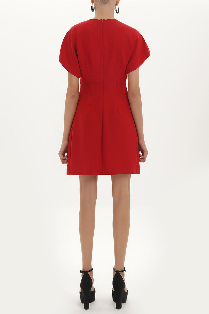 Red V-neck Pleated skirt mini dress 91417