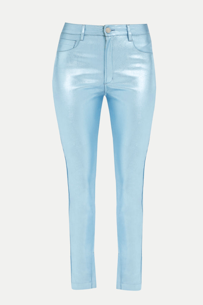 Turquoise Shiny fabric Slim fit  pocket pants 41310