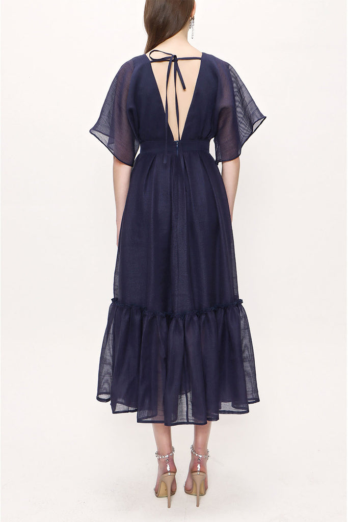 Blue V neck pleated dress 93128