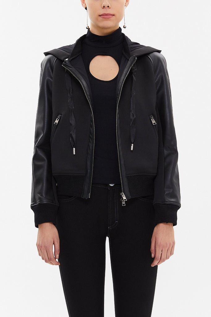 Black Leather mixed jacket with zip detail 60957