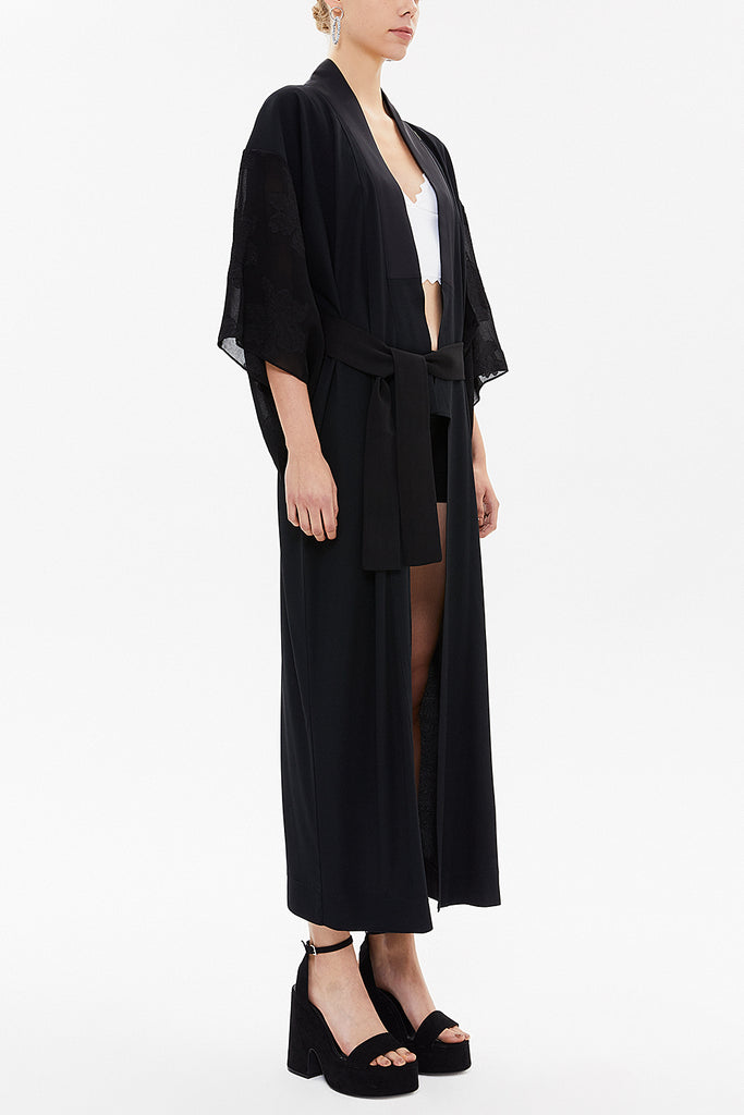 Black Long kimono belted dress 92737