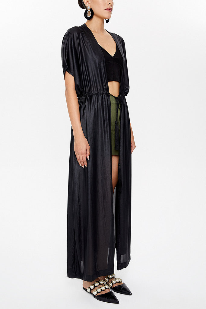 Black Cord detail Pleated long cardigan 92922