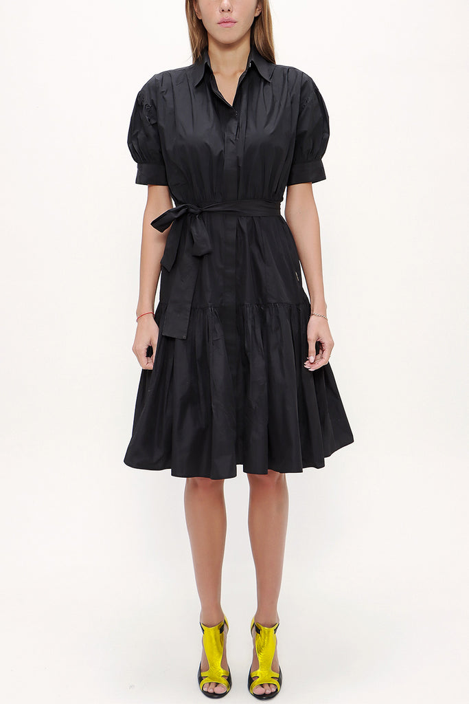 Black Balloon sleeve, gathered midi dress 92724