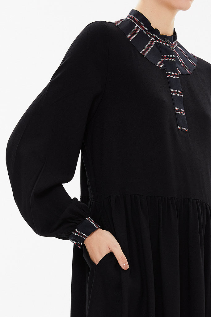 Black Red Patterned fabric combined, gathered midi dress 92484