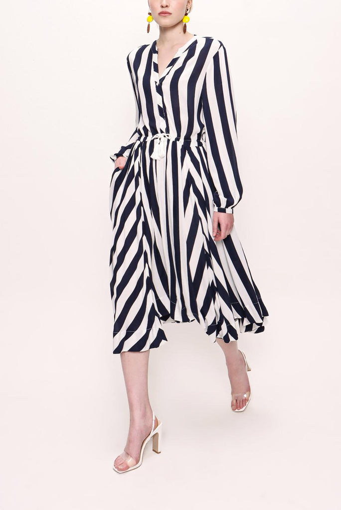 Navy Blue Asymmetric Cut Waist Belted Dress 92854