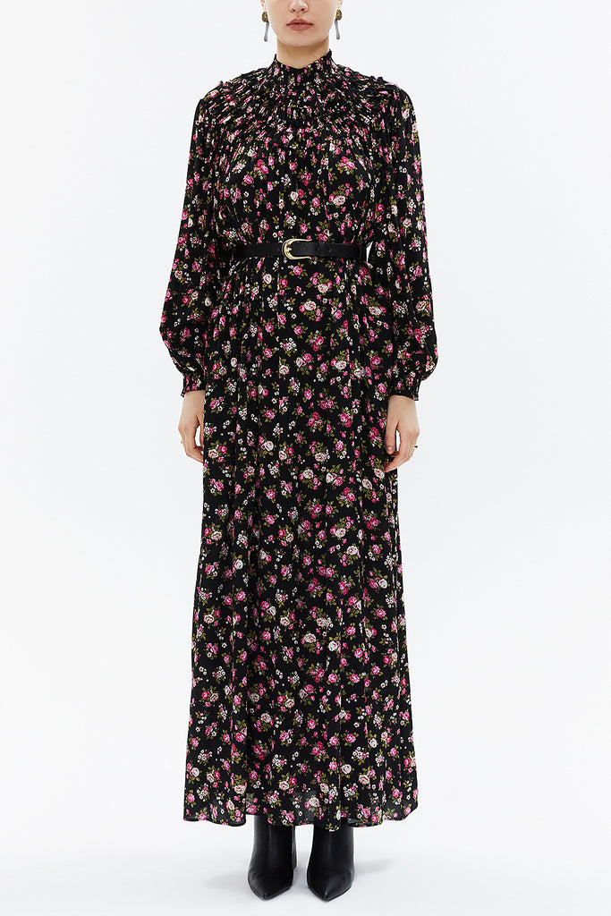 Black Background Floral Printed Turtleneck, belted maxi dress 93309