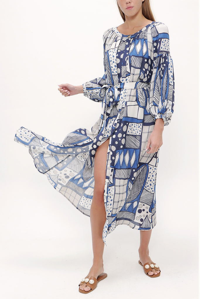 Blue Elastic balloon sleeve maxi dress 92718