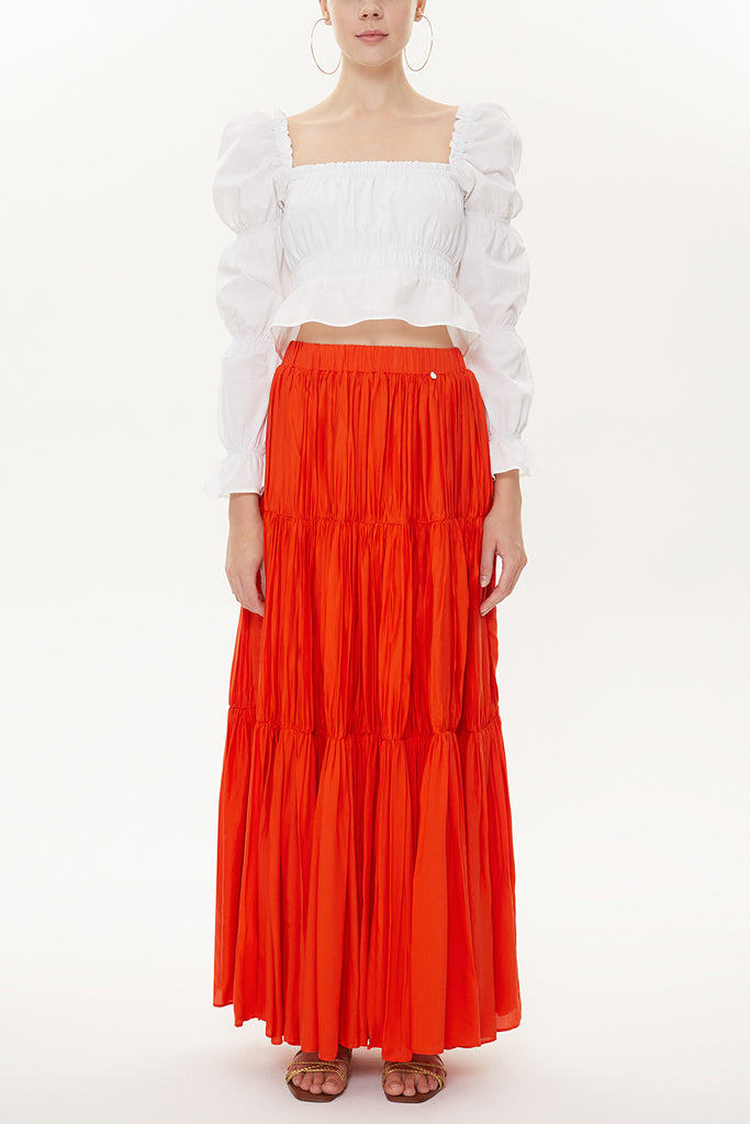 Red Elastic Pleated Maxi Skirt 81154