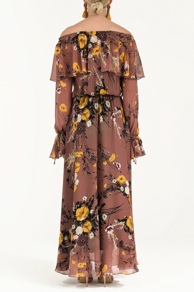 Volanlı Düşük Omuz Şifon Uzun Elbise 92303