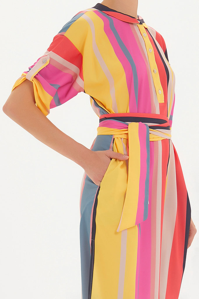 Striped Button wide cut midi dress 92386