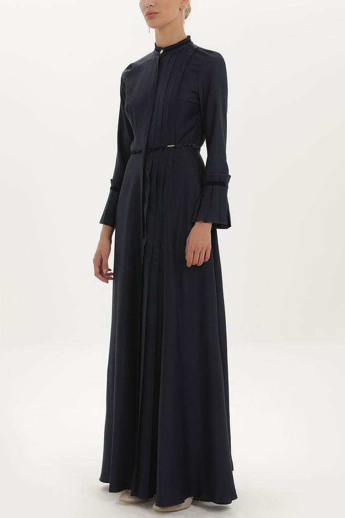 Navy Blue Pleat detail fitted waist maxi dress 92196