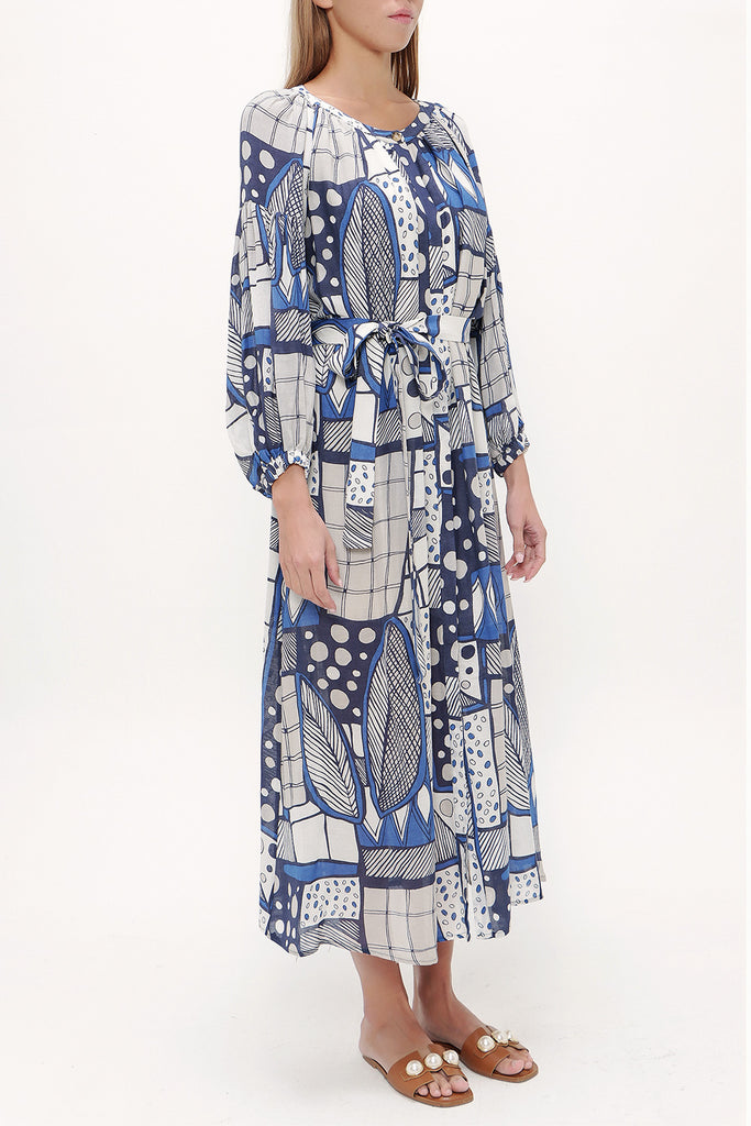 Blue Elastic balloon sleeve maxi dress 92718