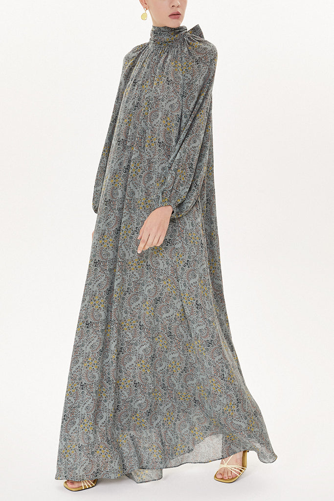 Gray Lace-up collar wide cut dress 93491