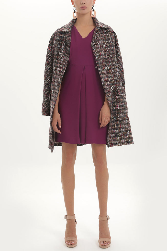 Purple V-neck Pleated skirt mini dress 91417