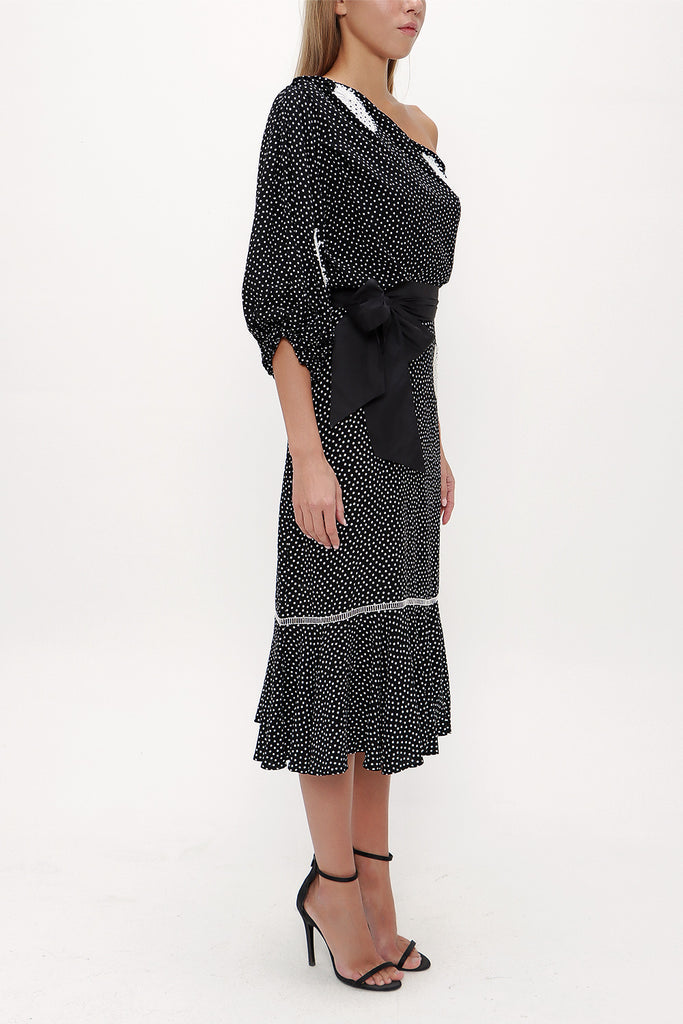 Black One shoulder godet midi dress 92802