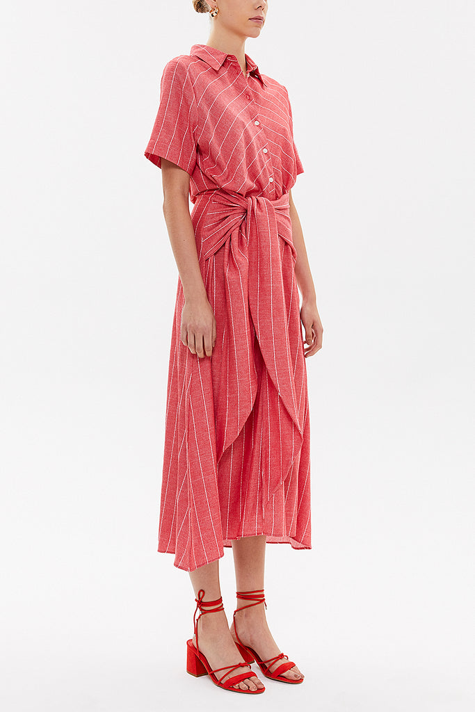 Red Lace-up short sleeve midi dress 92927