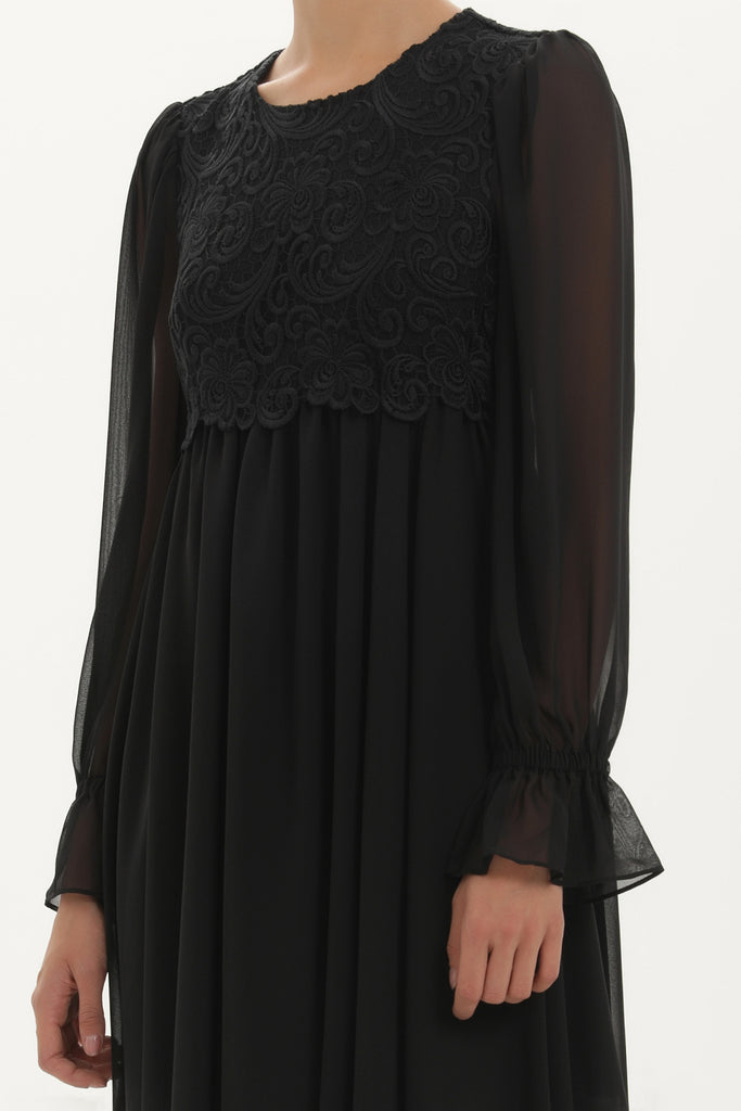Black Lace detail gathered mini dress 91744