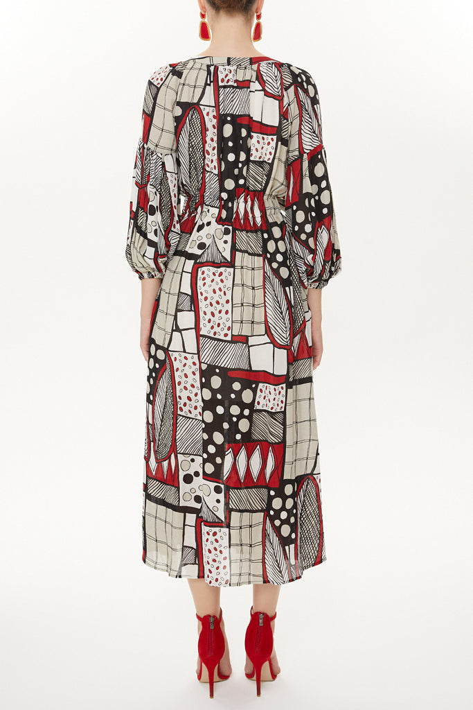 Red Elastic balloon sleeve maxi dress 92718