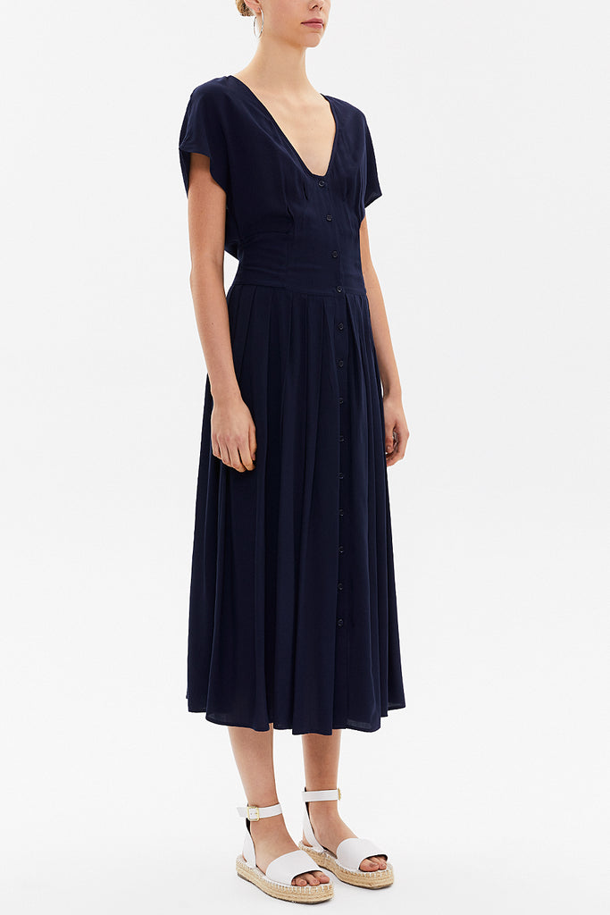 Navy Blue V-neck waist tie midi dress 92409