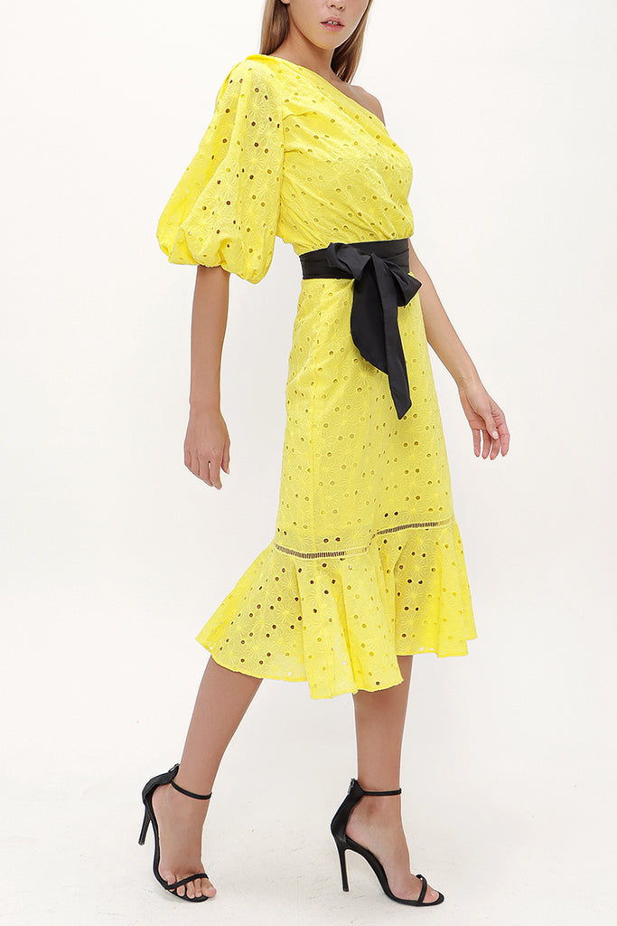 Yellow One shoulder balloon sleeve midi dress 93073