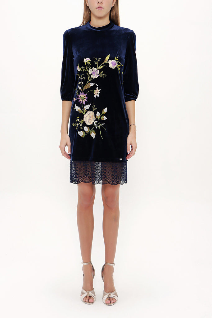 Navy Blue Embroidered velvet mini dress 92140