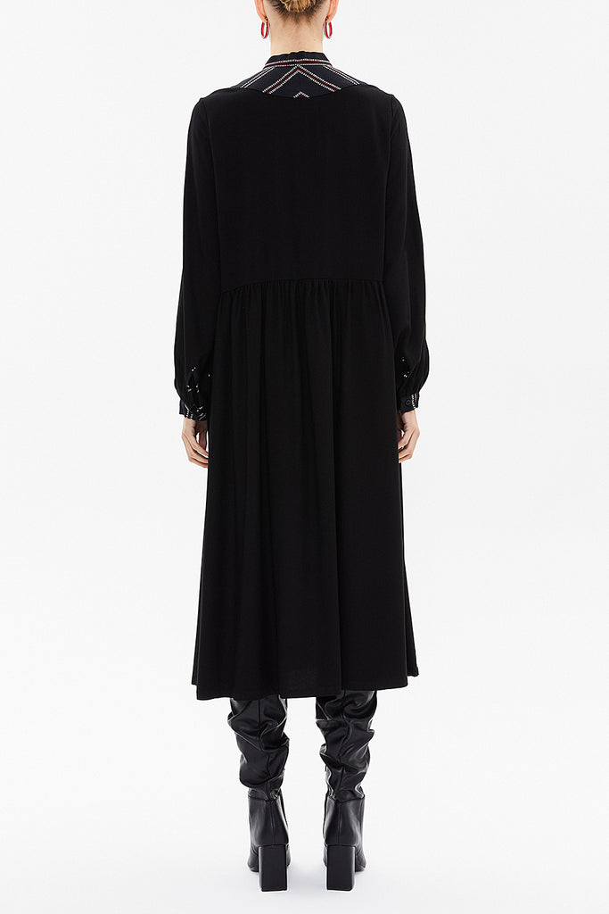 Black Red Patterned fabric combined, gathered midi dress 92484