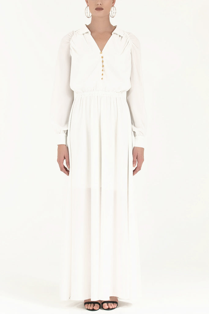 Omuzları Büzgülü Düğmeli Uzun Elbise Beyaz 92251