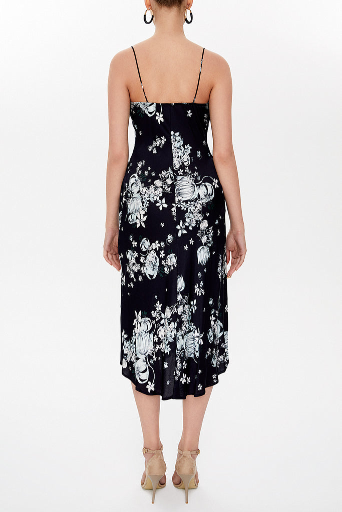 Patterned Degage collar spaghetti straps midi dress 92844