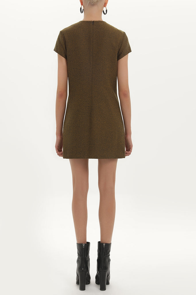 Black Mustard Wool mini dress with chain on the neck 91416