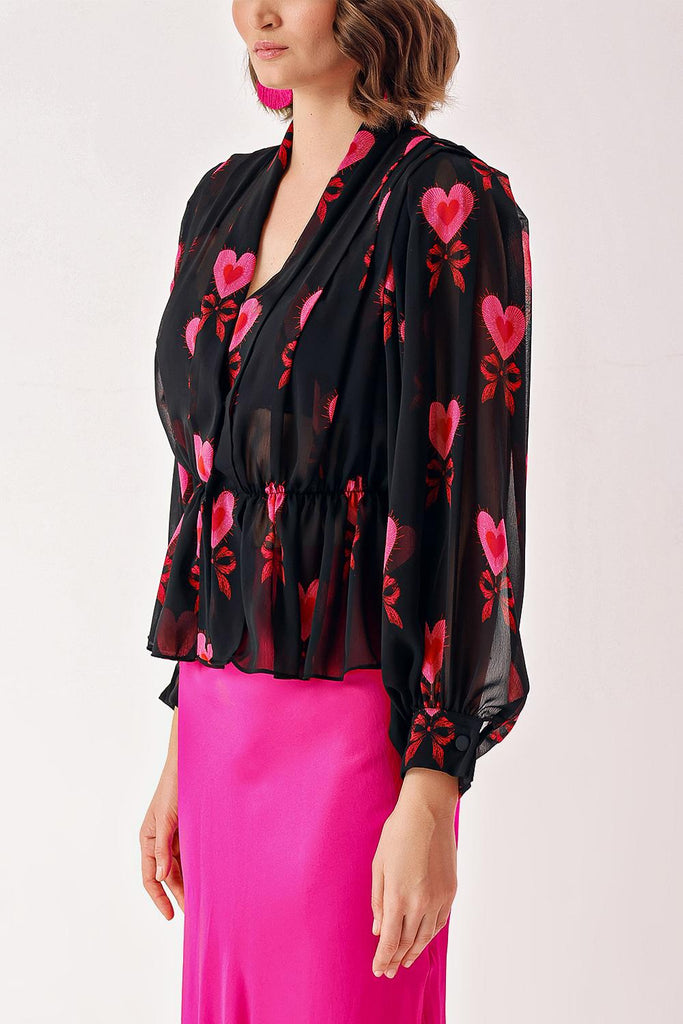 Patterned Double-breasted, draped loose chiffon shirt 10829