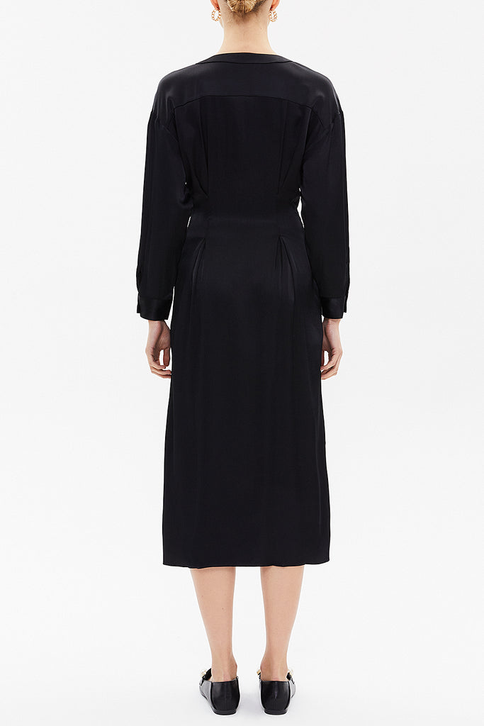 Black Off shoulder V neck button midi dress 92613