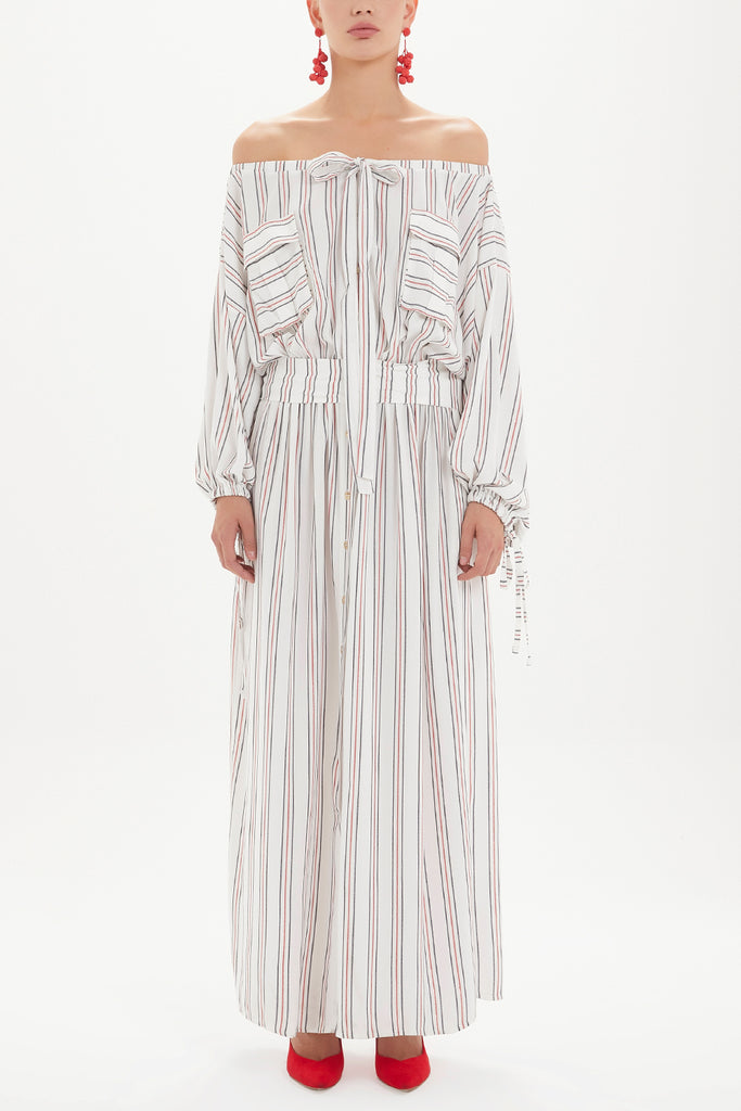 Cepli Düşük Omuz Uzun Elbise 92308