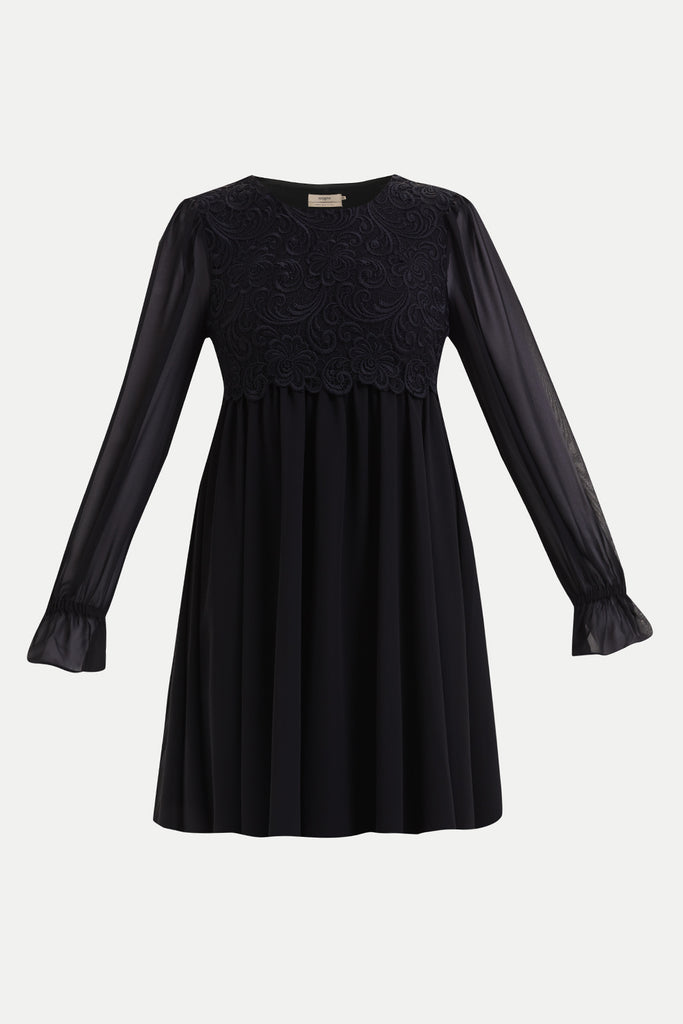 Black Lace detail gathered mini dress 91744