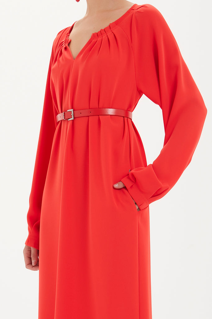 Büzgülü Ve Kemerli Bol Kesim Midi Elbise 92488