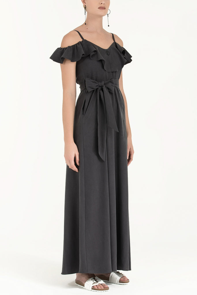 Valon Düşük Omuz Elbise Füme 92318