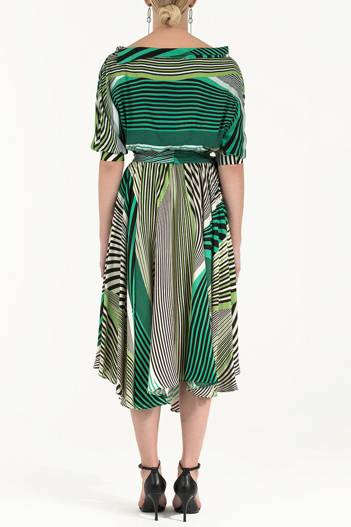 Asimetrik Kesim Düşük Omuz Desenli Elbise Yeşil 92271