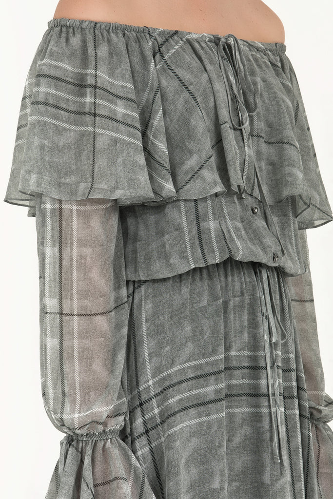 Valonlu Düşük Omuz Şifon Elbise Füme 92303